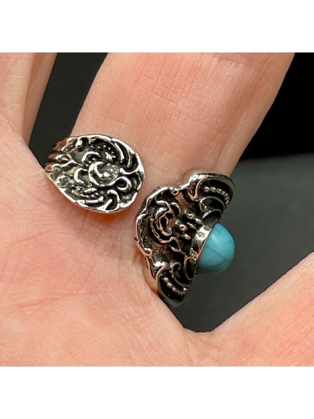 Boho Rose and Flowers with Faux Turquoise Adjustable Spoon Ring #1221 - Picture 11 of 16